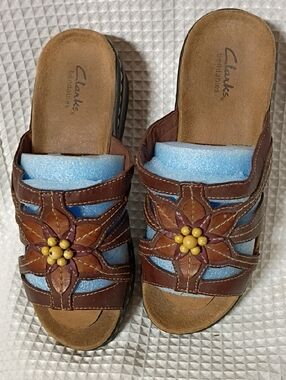 Clarks Brown Leather Floral Slide Mules with Yellow Accent